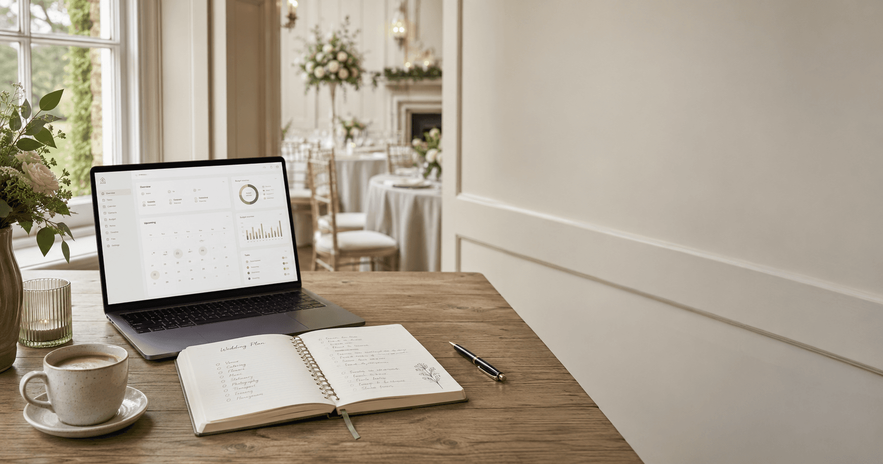 A wedding coordinator's desk in a UK country house venue, with a slim laptop showing a clean dashboard, an open planning notebook, a fountain pen and coffee, lit by soft window light.