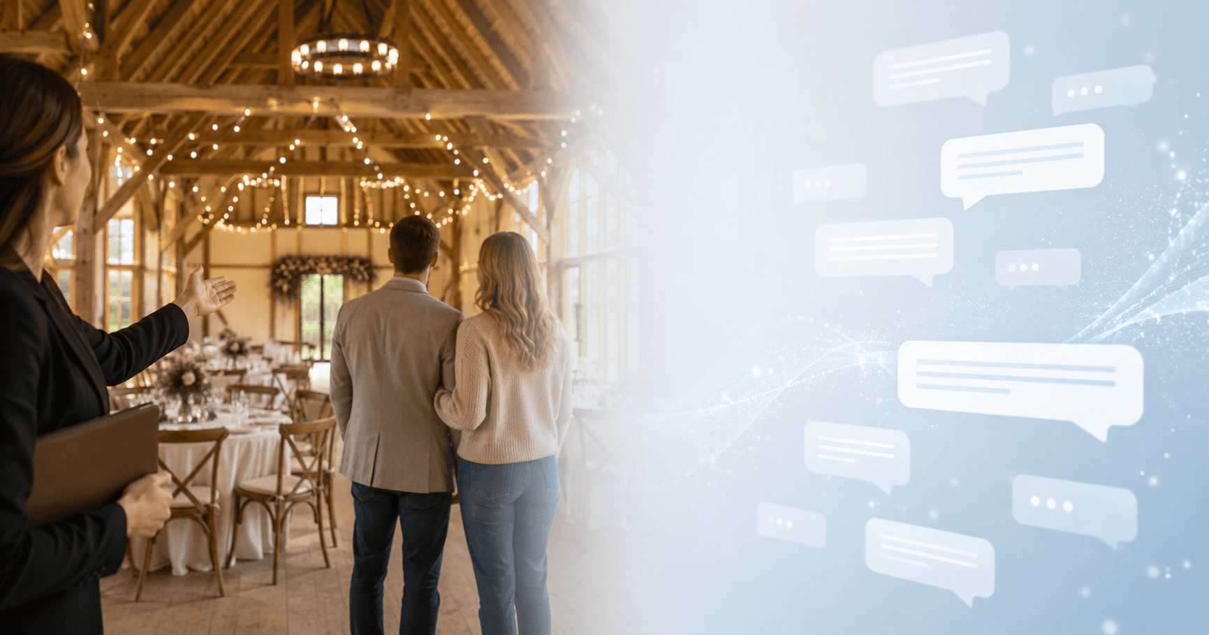 A split-frame image: on the left a coordinator's hands gesture toward a UK barn wedding venue as a couple looks on from behind, on the right a soft, abstract suggestion of an AI chat conversation.