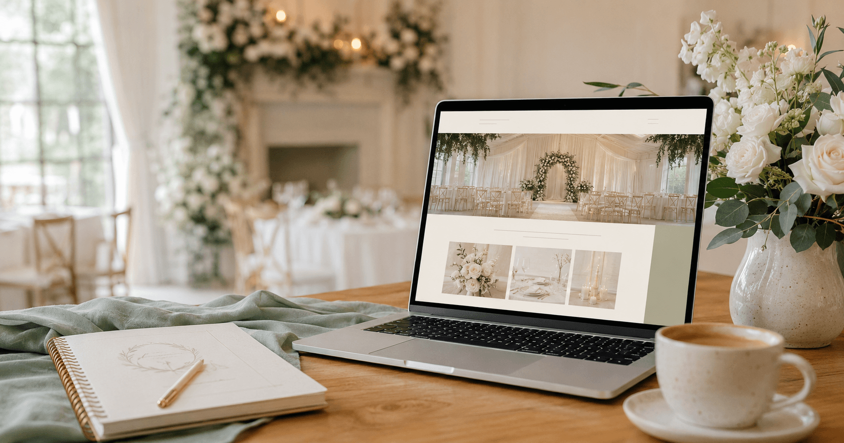 A sleek laptop on a styled wedding venue workspace showing an abstract, well-designed venue website mockup, beside a planning notebook, white florals and coffee in warm window light.