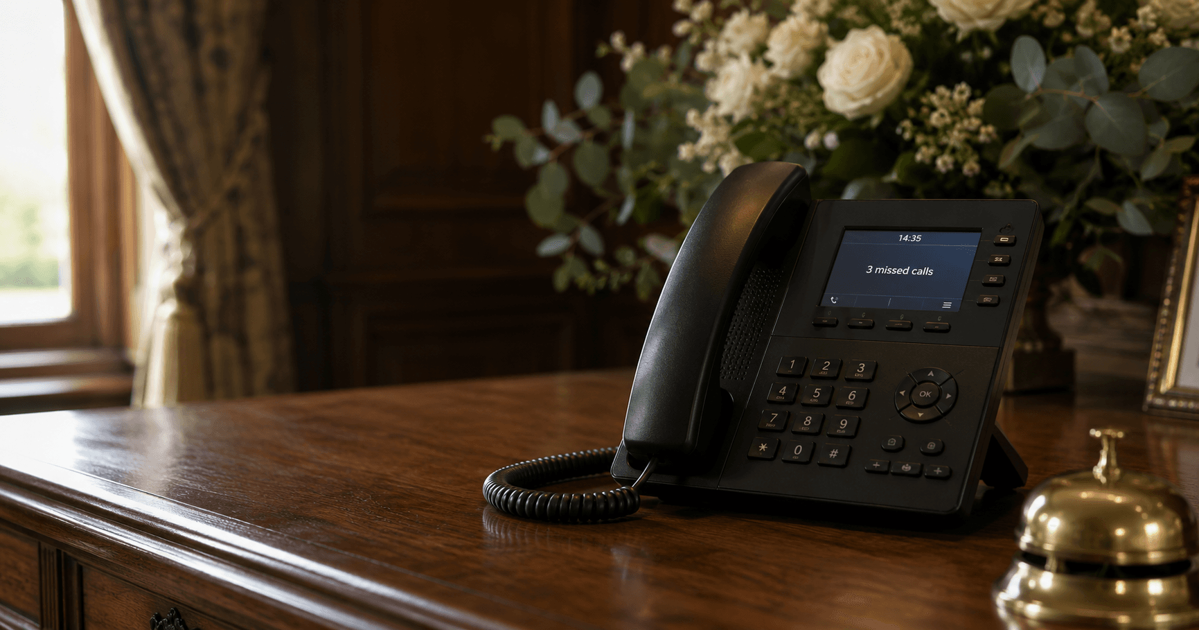 An elegant black handset on a polished reception desk in a UK country house venue, its display showing 3 missed calls, with white roses softly out of focus in dramatic side light.