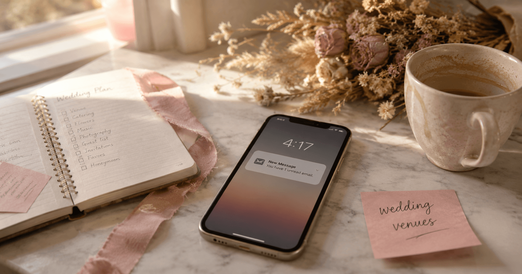 A smartphone face-up on a kitchen counter showing an unread email, beside an open wedding planning notebook, a cold coffee and a sticky note reading wedding venues, in soft late-afternoon light.