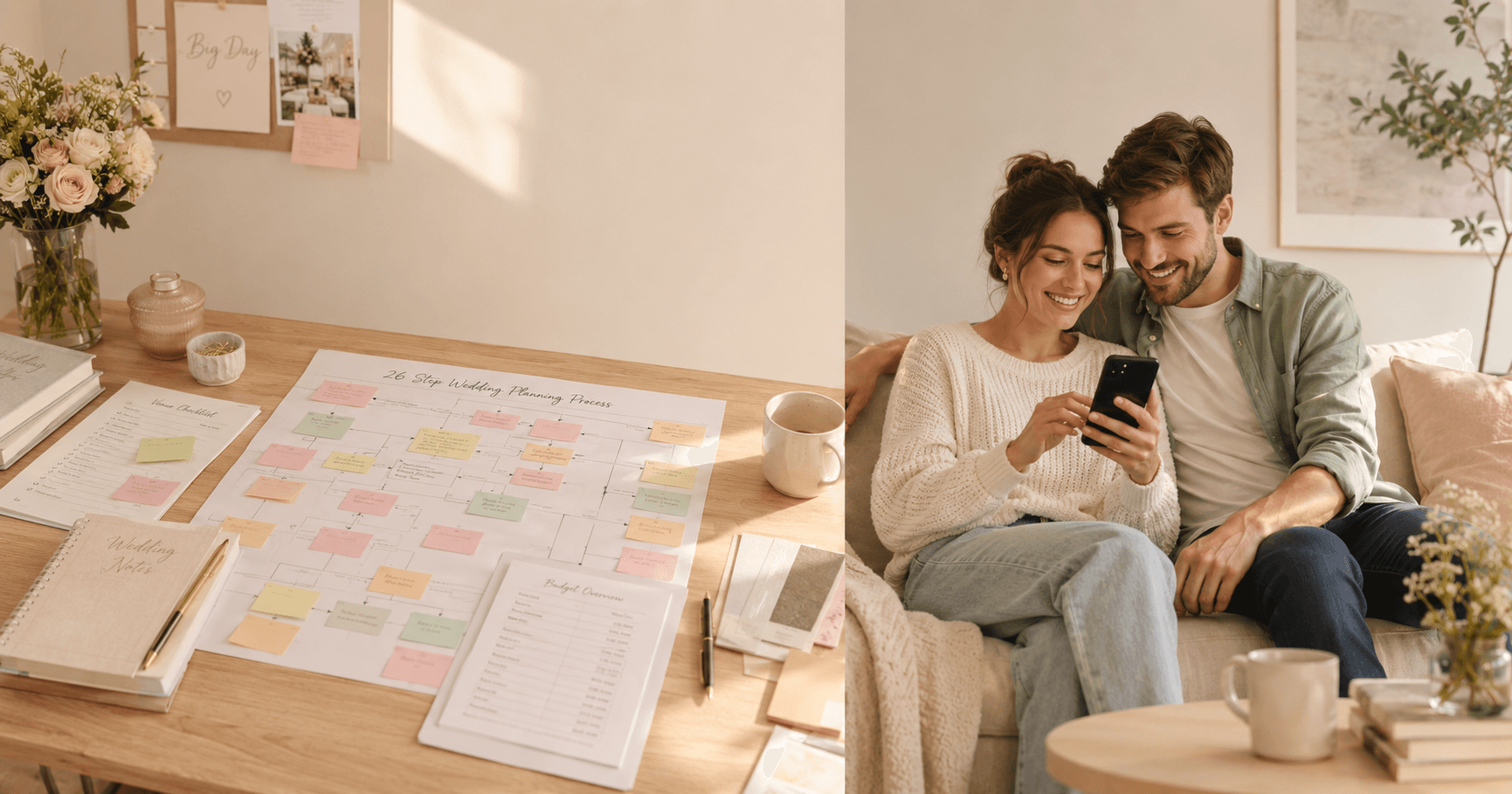 A split-frame image: on the left a coordinator's desk with structured planning lists and sticky notes, on the right a couple on a sofa at home smiling warmly at a phone, in soft cream tones.
