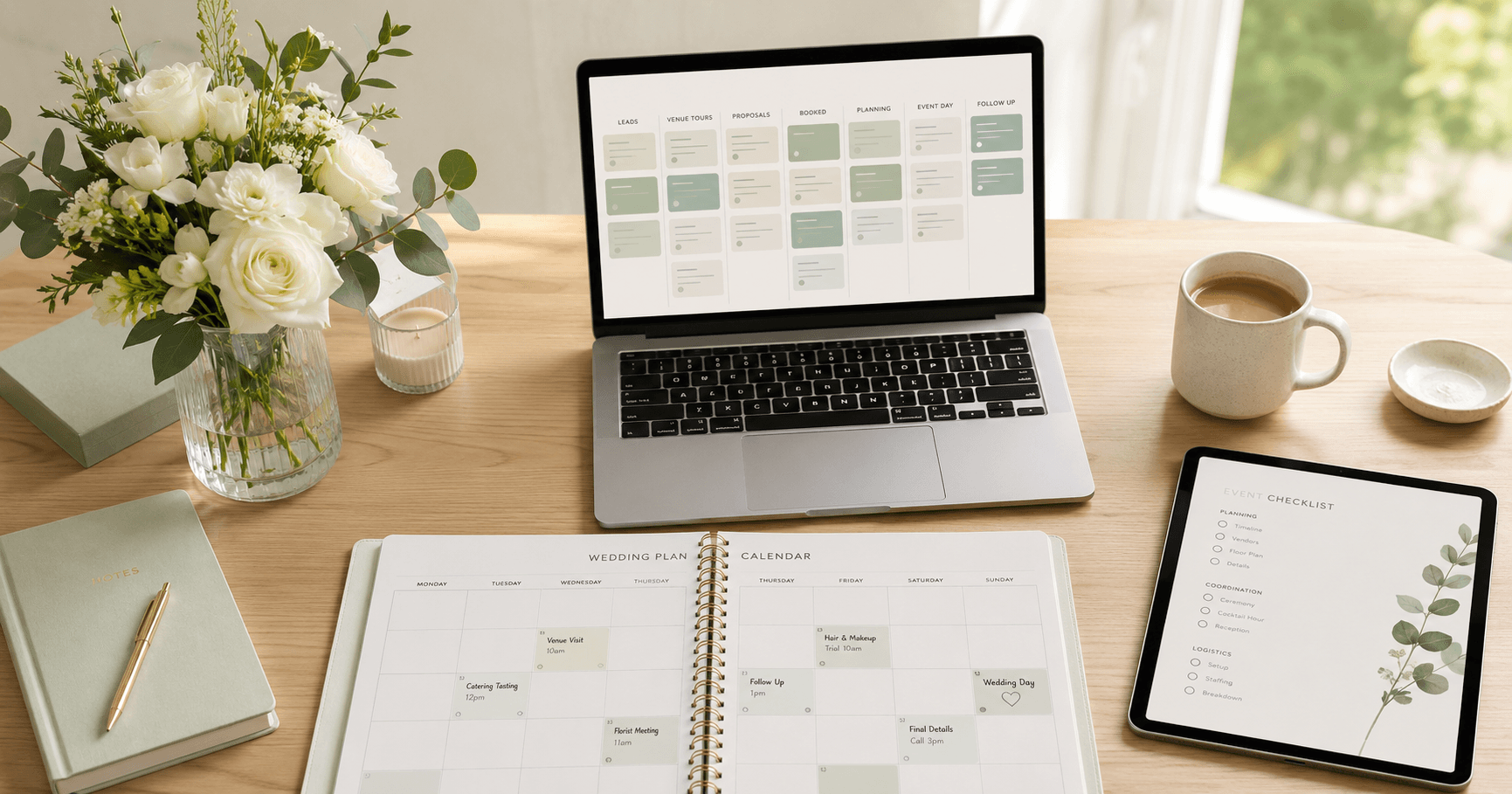 An organised wedding venue manager's desk shot from above: a laptop showing an abstract pipeline dashboard, a tablet, an open planning calendar, white florals and coffee in bright window light.