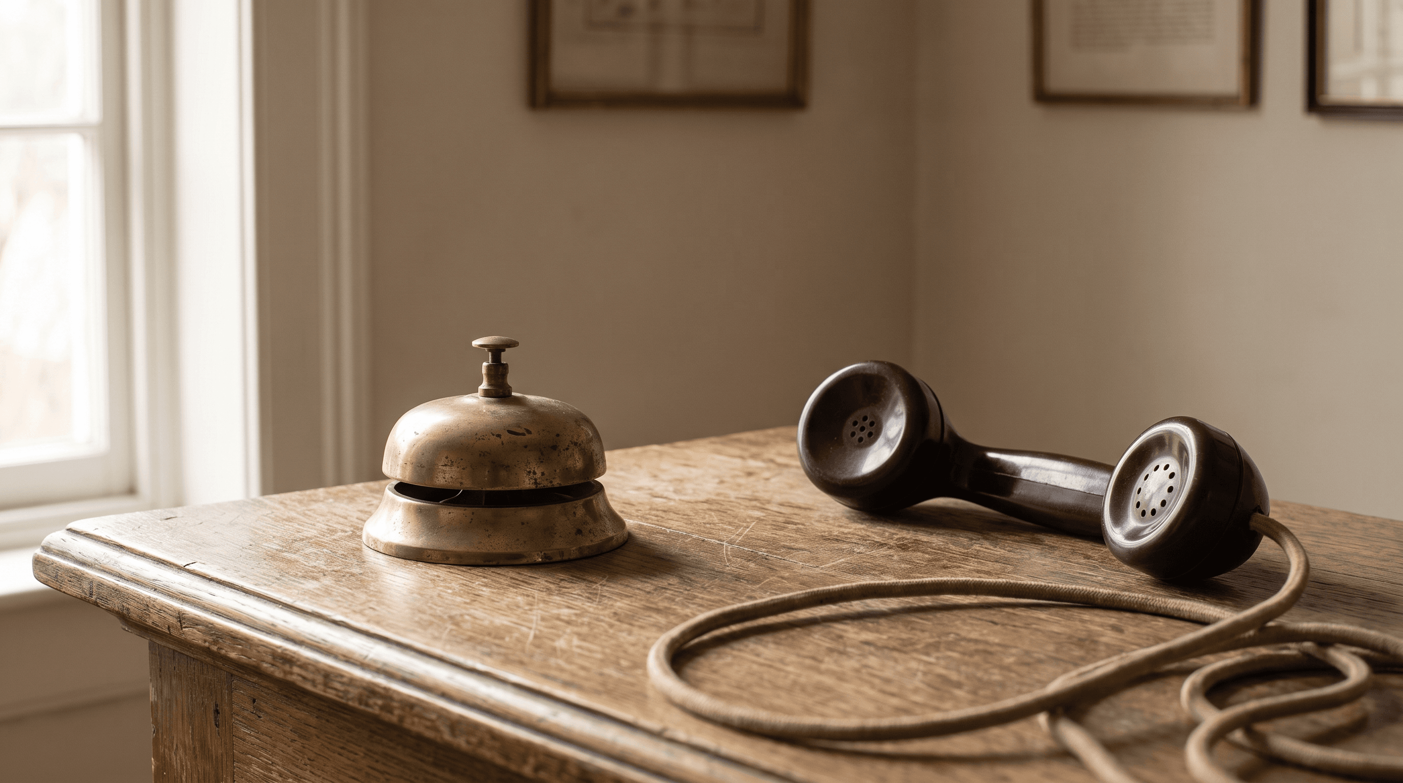 A vintage brass desk bell beside a dark bakelite telephone handset lying off its cradle on a worn oak counter in soft morning light, its coiled cord curling across the wood, suggesting a call nobody picked up.