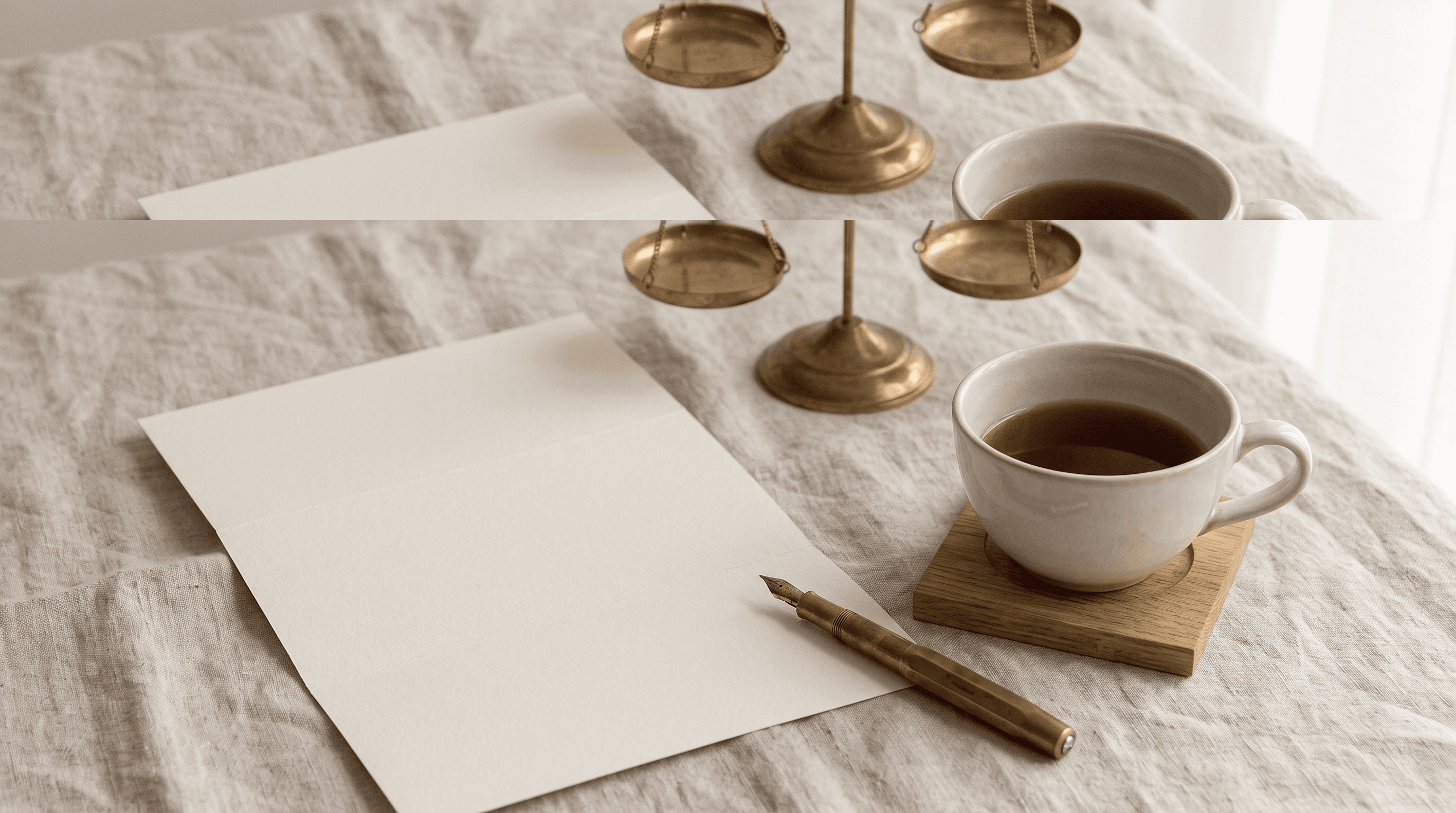 A folded sheet of heavy cream paper open on oatmeal linen beside a brass fountain pen and a half-finished cup of tea, a small brass balance scale just behind in soft focus, suggesting a couple weighing up what a wedding actually costs.