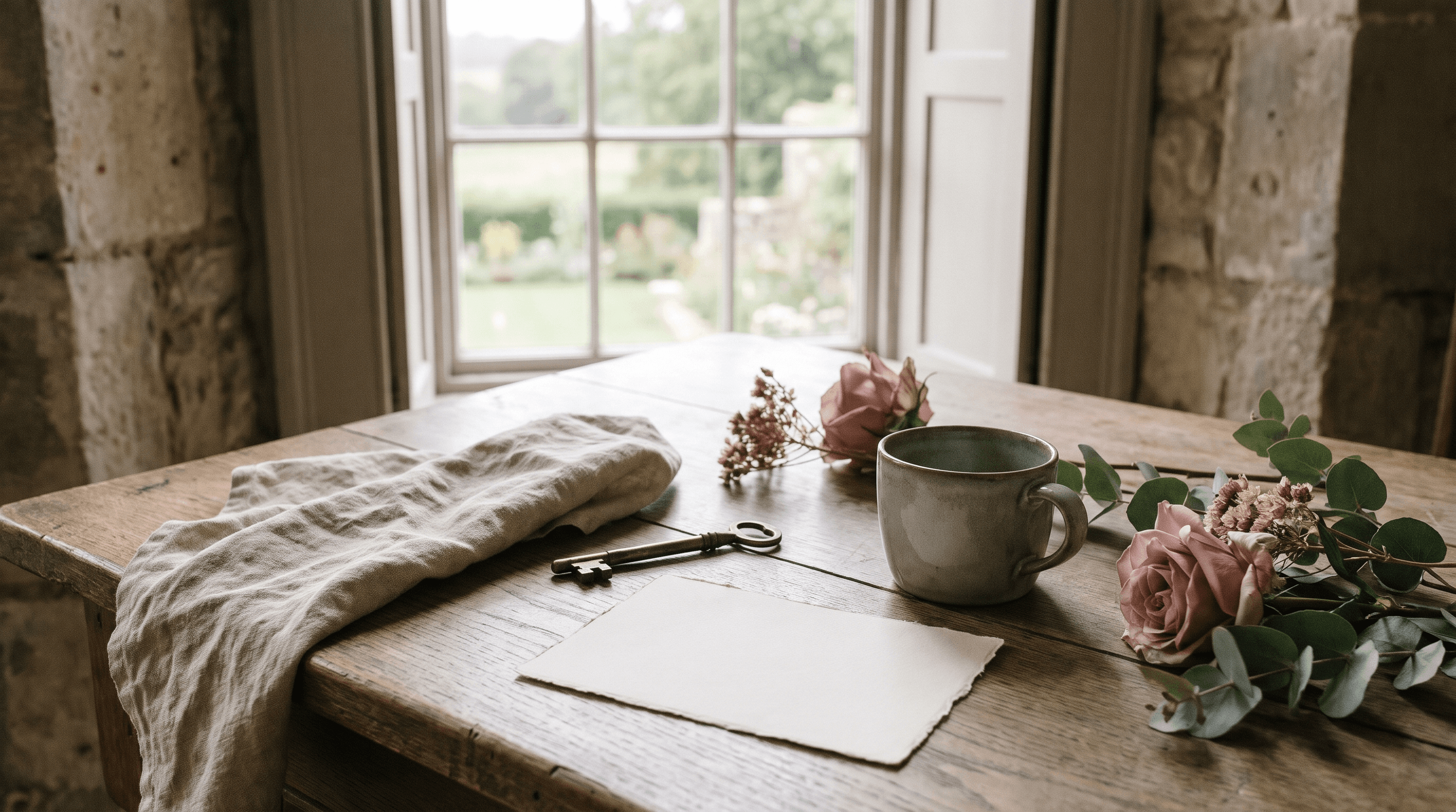 Soft window light falls across an oak table set with a linen napkin, a brass key, a cream paper notecard and a ceramic cup, suggesting a quiet, personal message waiting to be read.