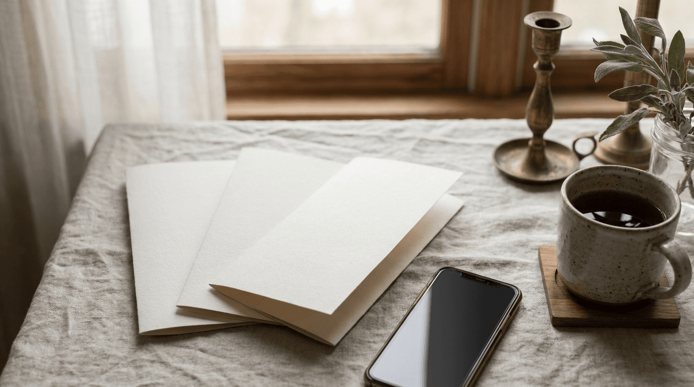 Three venue brochures fanned out on a linen tablecloth beside a face-down phone and a ceramic mug in morning light, suggesting a couple narrowing their shortlist.
