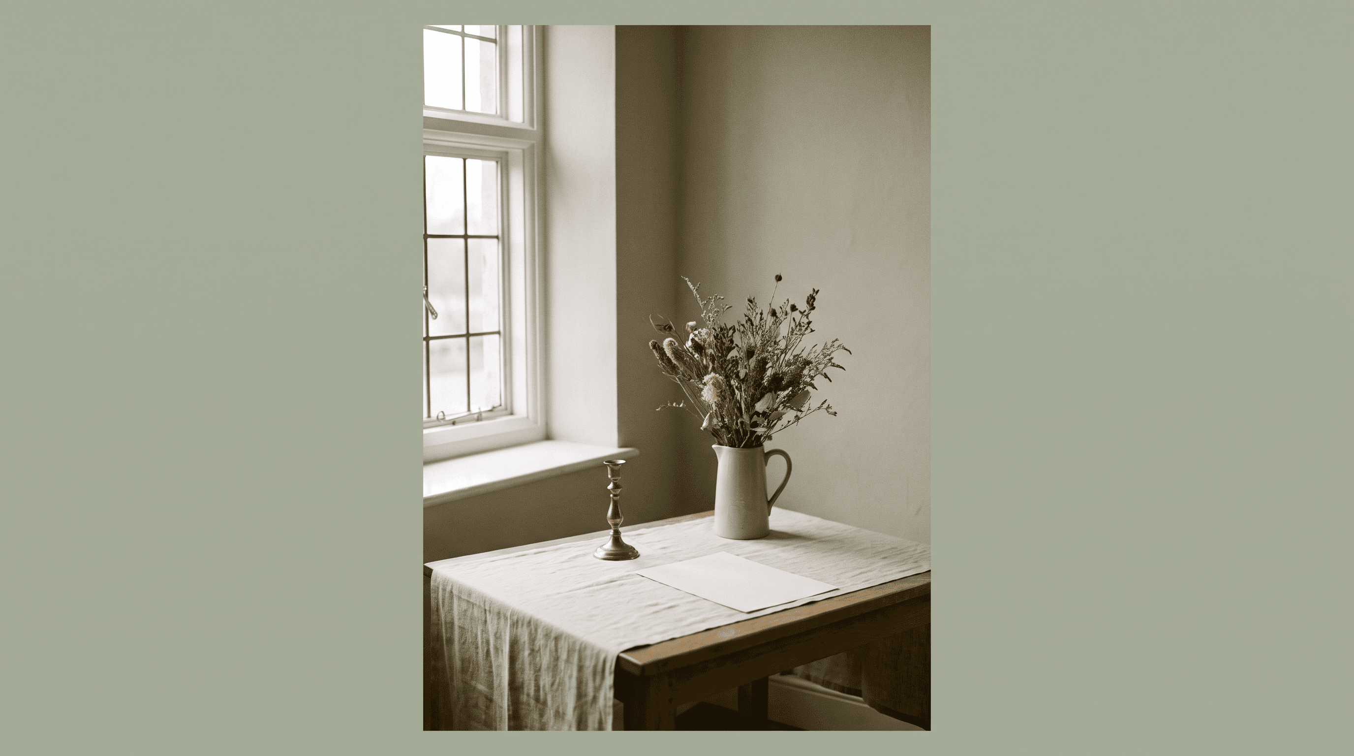 A linen-draped oak table with a brass candlestick, a ceramic jug of dried winter foliage and a sheet of cream paper sits in soft low window light, suggesting a venue quietly getting ready for January enquiries.