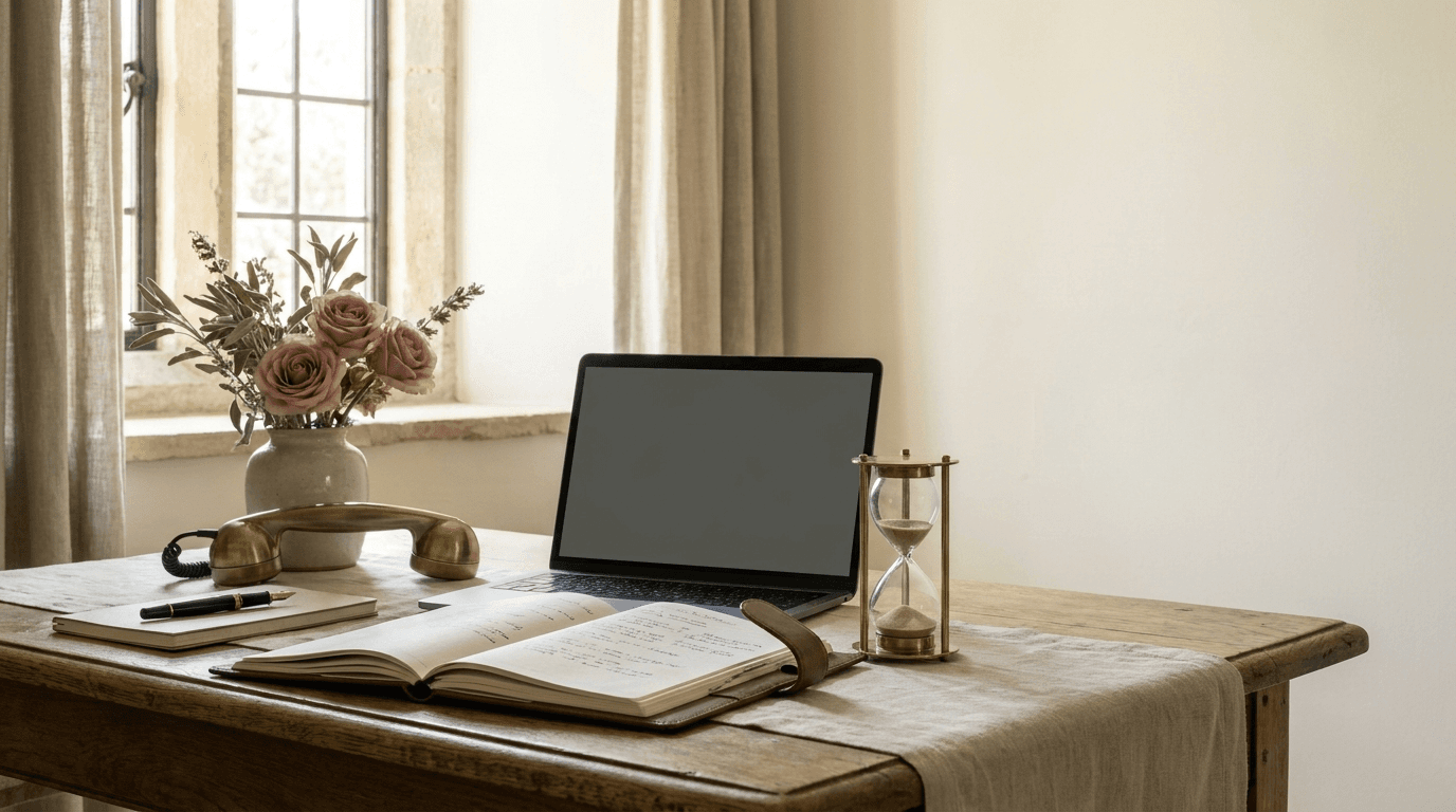 A coordinator's organised country-house reception desk with an open bookings diary, a brass desk phone, an hourglass and a small vase of sage and dusty-rose blooms in soft morning light, suggesting the first hour after an enquiry.