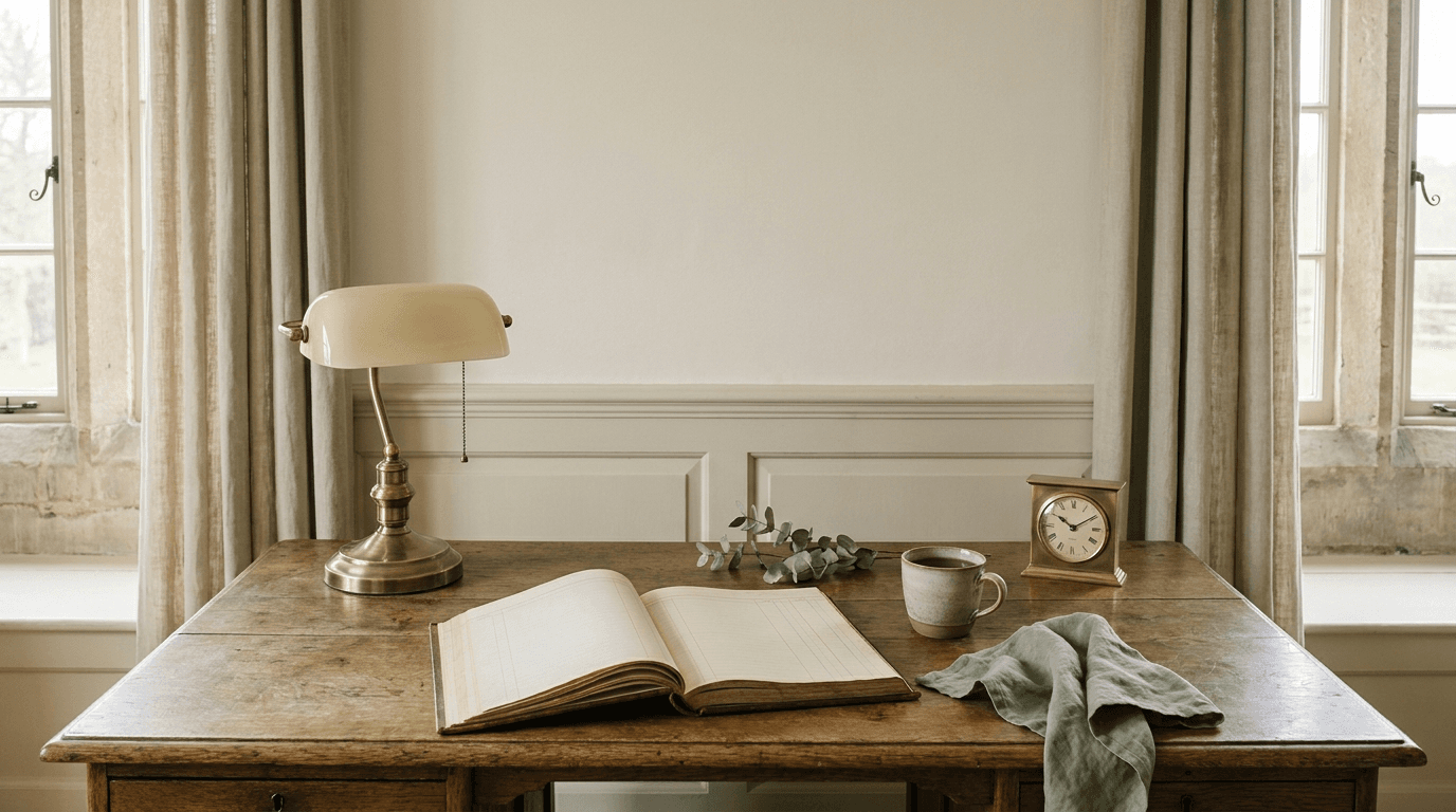 An open ledger book with blank ruled columns on an oak desk beside a brass desk lamp, a ceramic cup of tea and a small analogue desk clock in soft window light, suggesting a venue owner's weekly check of the numbers.