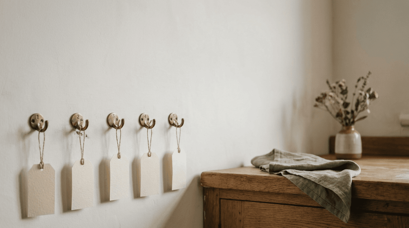 A row of numbered brass hooks with small paper tags on a whitewashed wall above an oak counter in soft window light, suggesting every enquiry accounted for and nothing left hanging.