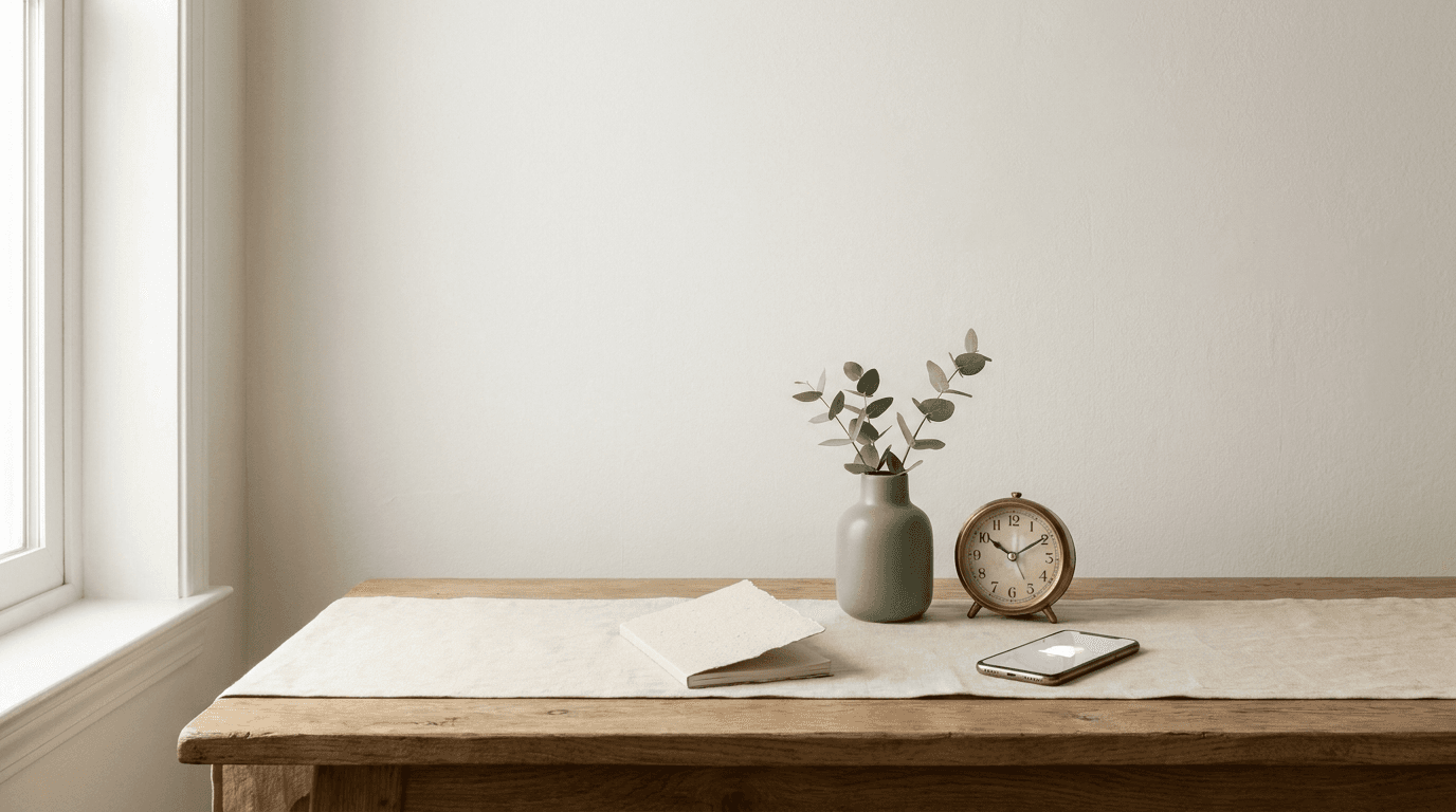 A smartphone showing a fresh enquiry notification rests on a styled oak desk beside a small brass clock, a dusty-rose vase and sprigs of greenery in soft window light, suggesting the minutes ticking after an enquiry arrives.