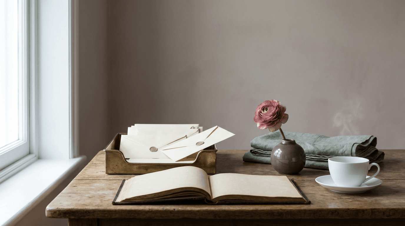 An open leather enquiry ledger on an oak venue desk beside a brass letter tray of unopened cream envelopes, one slipping off the edge, with a dusty rose ranunculus and a cup of tea in soft window light, suggesting enquiries going unanswered.