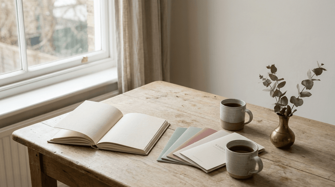 A linen-covered notebook open beside a fanned stack of wedding venue brochures and two cups of tea on a scrubbed oak kitchen table in soft morning light, suggesting a couple narrowing a long venue shortlist.
