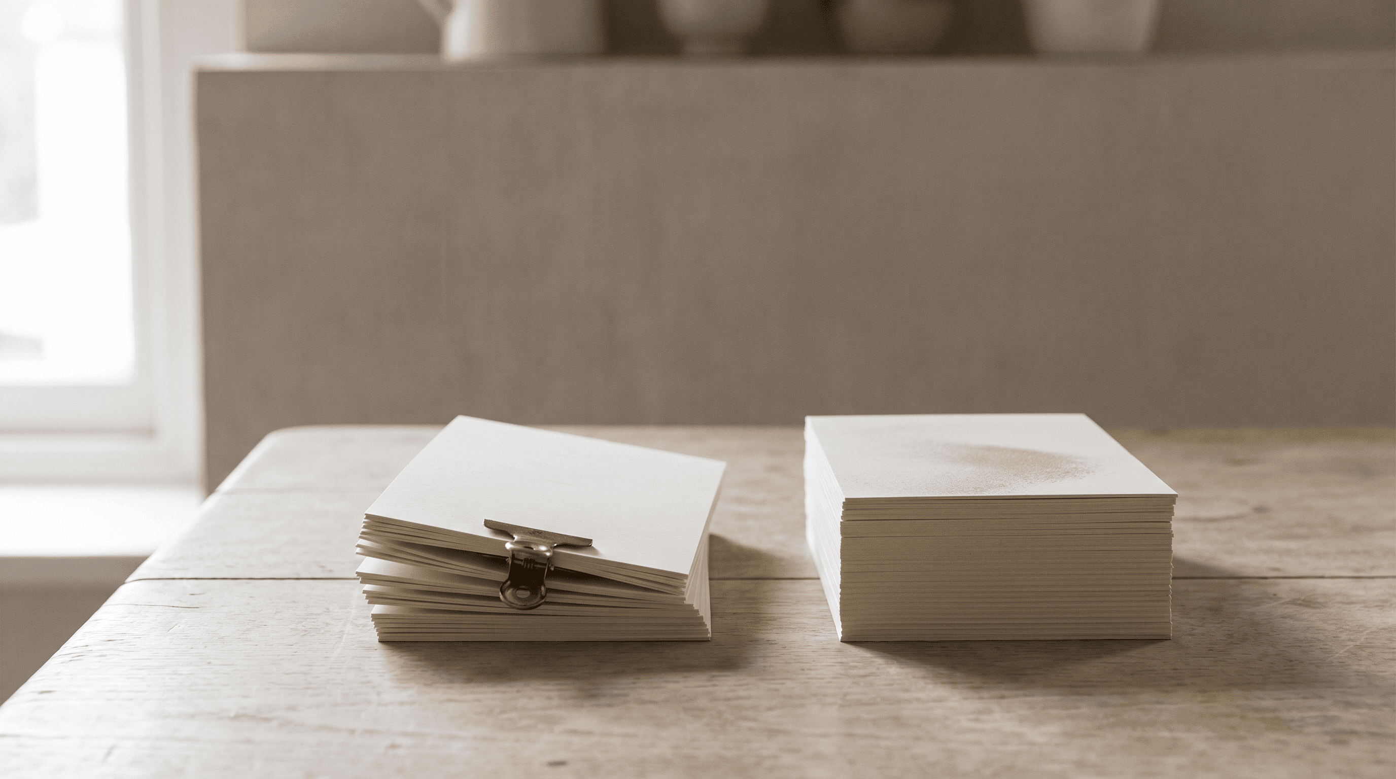 Two identical stacks of cream enquiry cards side by side on a pale oak table in soft window light, the left one fanned and worked through with a brass clip, the right one squared up and untouched, suggesting two venues handling the same enquiries very differently.