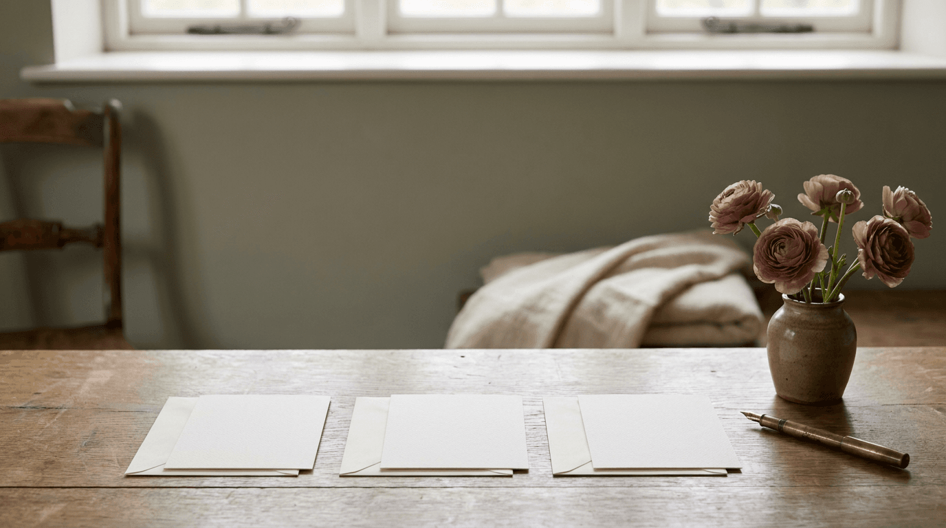 A neat row of three cream note cards and envelopes laid out in sequence on an oak desk beside a brass fountain pen and a small vase of dusty-rose ranunculus in soft window light, suggesting a planned series of follow-up messages to a couple.