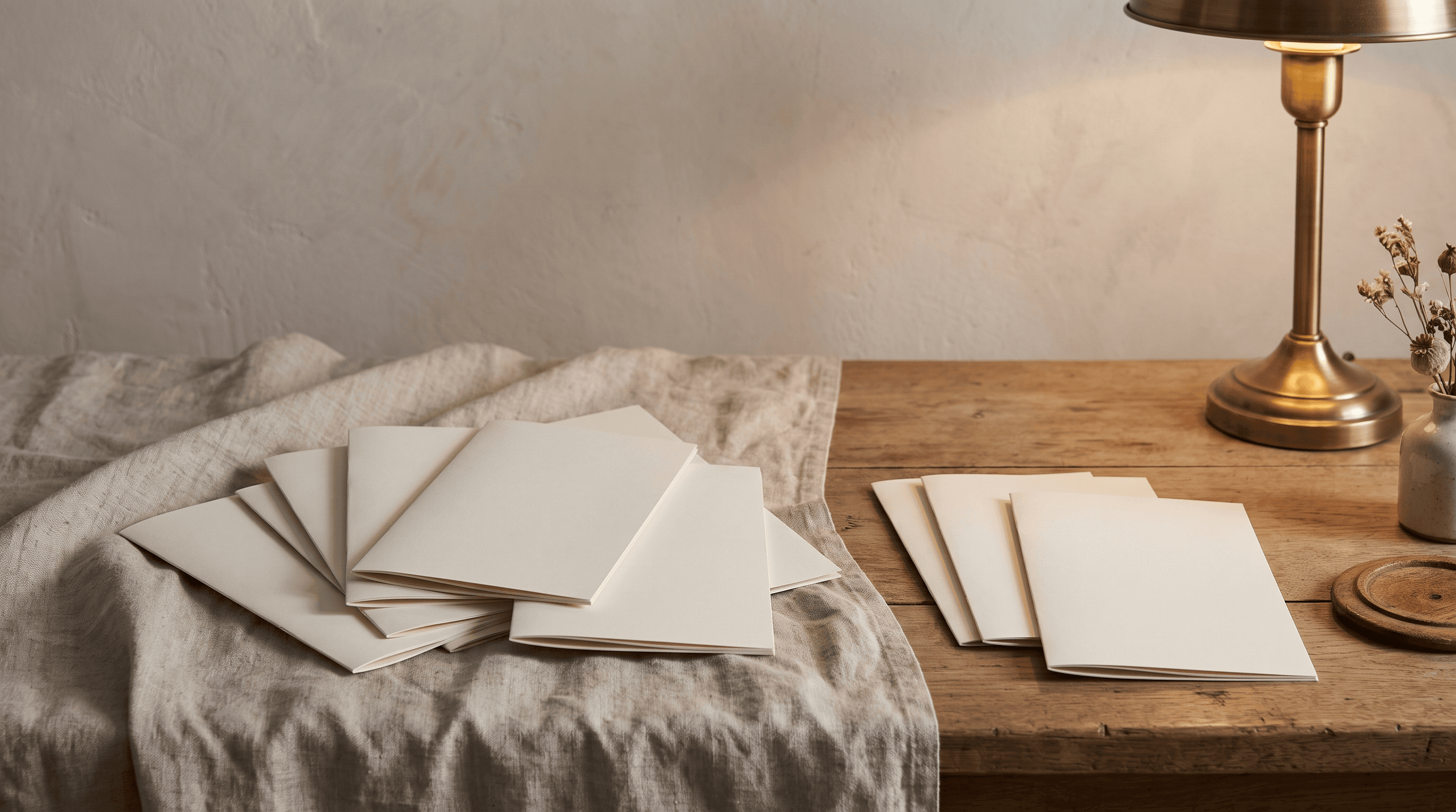 A loose stack of blank cream brochures spread across rumpled oatmeal linen under low evening lamp light, with three set slightly apart from the rest, suggesting a couple narrowing a long shortlist down to a few.