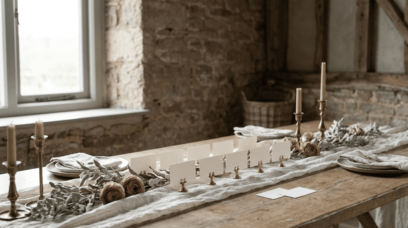Ten cream place cards in a row on a linen-dressed oak table in a stone barn, eight standing upright and two lying flat, in soft window light, suggesting eight out of ten enquiries becoming bookings.