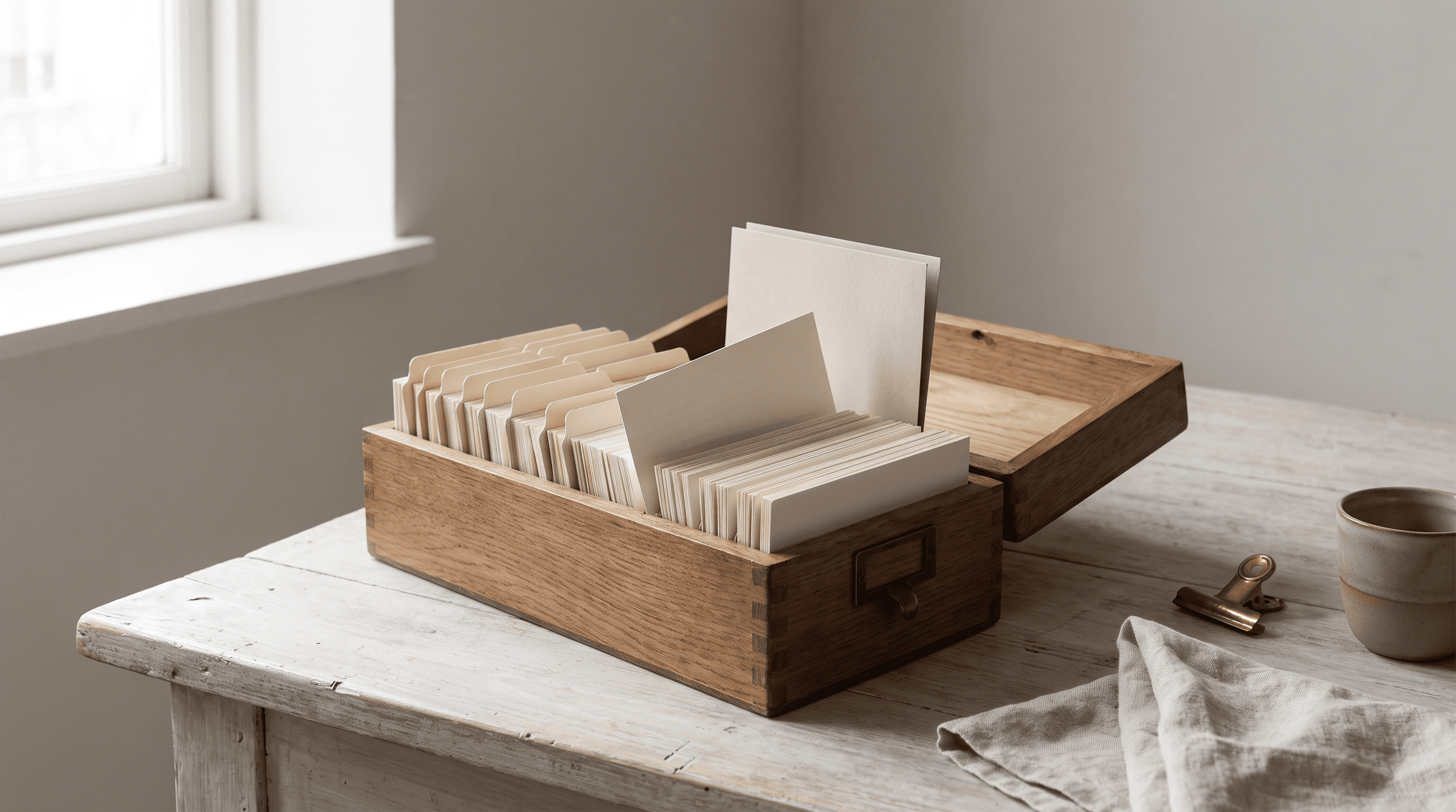 An open wooden card-index box on a pale limewashed surface in soft window light, filled with upright cream index cards and taller blank dividers, one card lifted forward as though just consulted, suggesting a recall system that never forgets.
