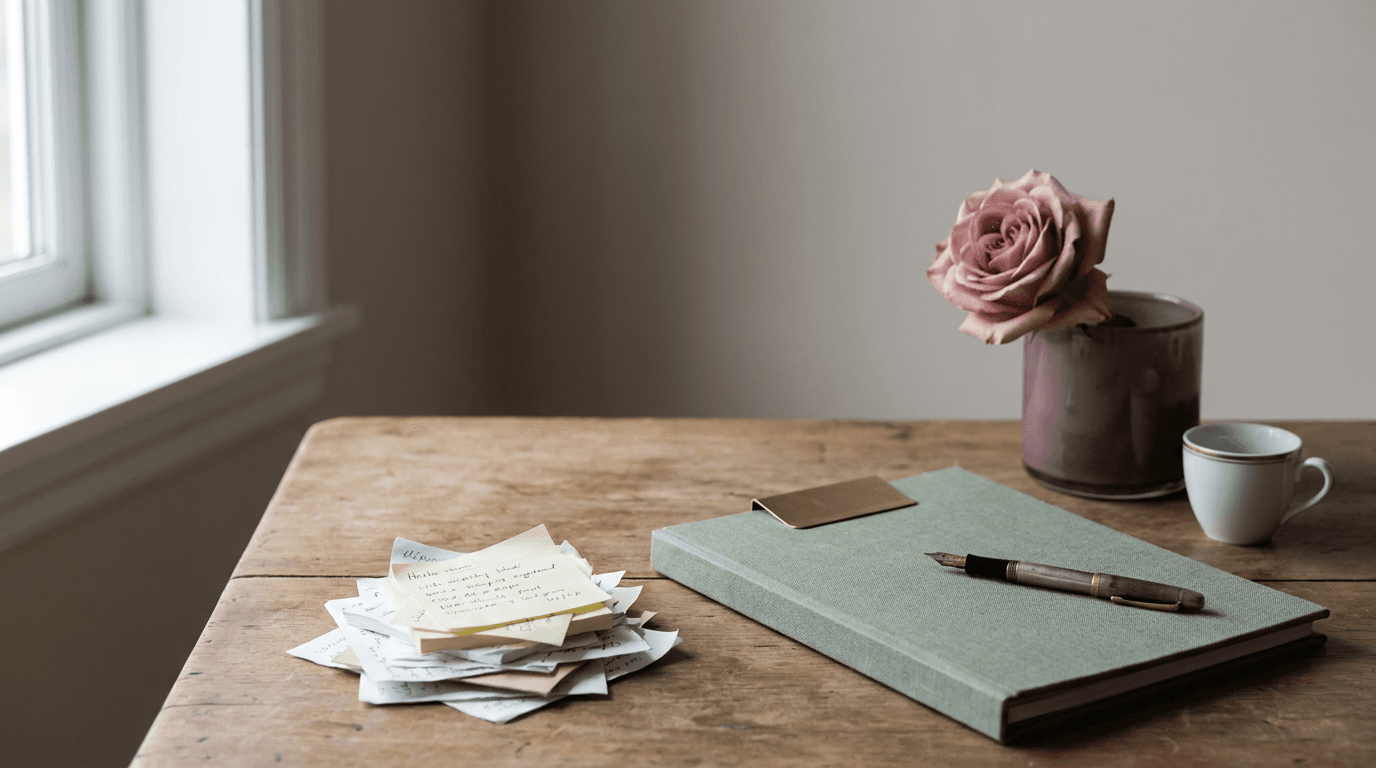 A tidy venue office desk in soft window light with scattered sticky notes swept into a neat pile beside a single sage-green linen folder, fountain pen and porcelain cup, suggesting scattered admin replaced by one organised system.