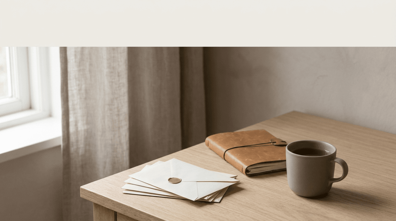 A stack of unopened cream envelopes and a closed leather diary on an oak desk beside a cold cup of tea in soft window light, suggesting enquiries left unanswered.