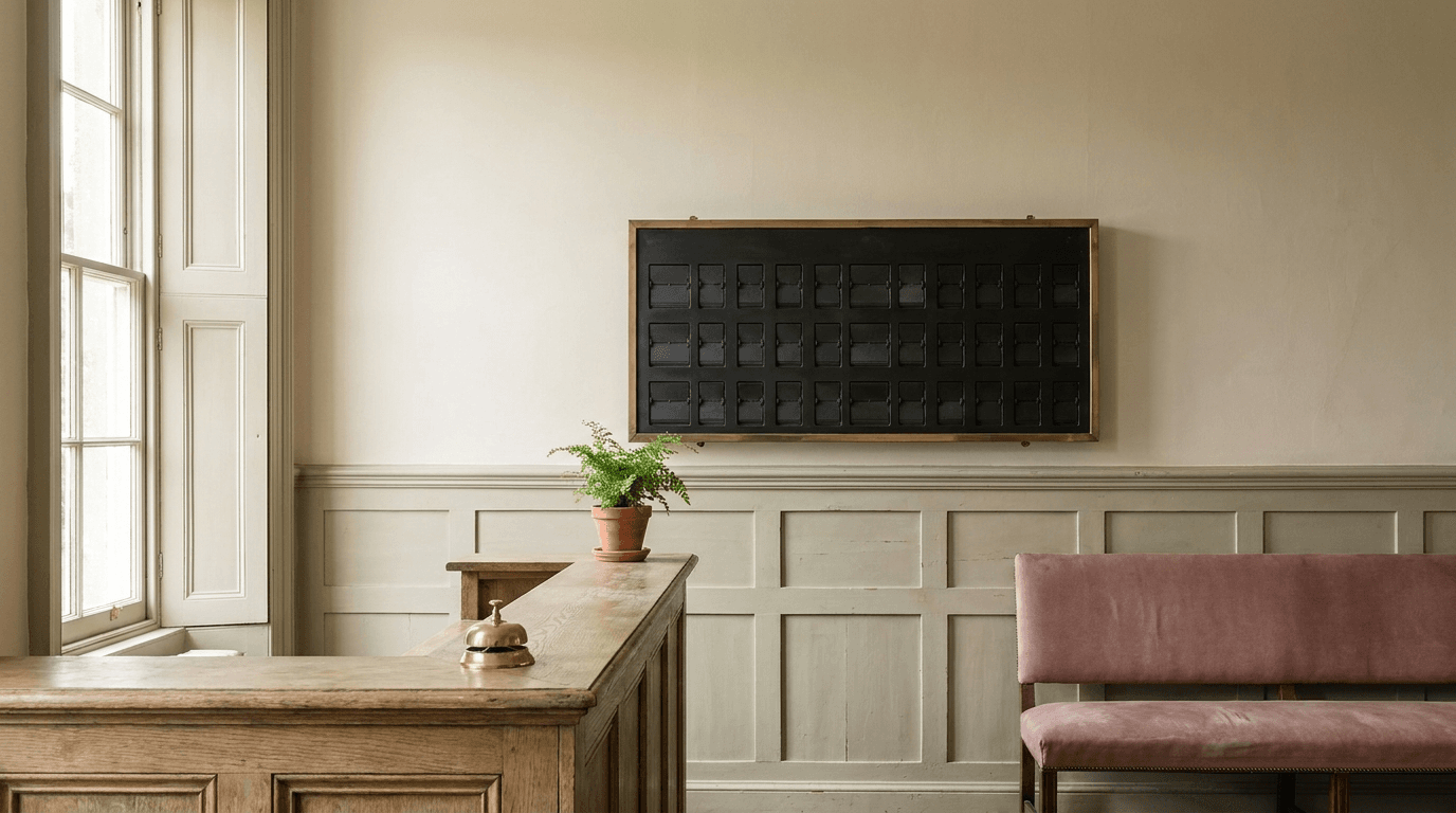 A classic split-flap departures board with blank flaps mounted above an oak reception desk in a country-house hallway in soft window light, suggesting airline-style enquiry handling brought into a wedding venue.