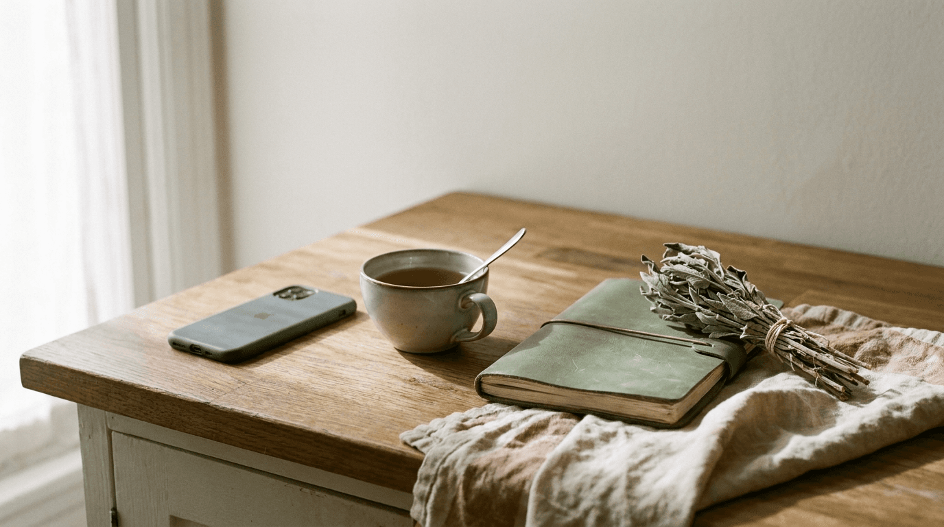 A silent smartphone lies face-down on a quiet kitchen counter beside a cup of tea going cold, a closed leather planner and dried sage stems in soft light, suggesting an enquiry that has gone quiet.