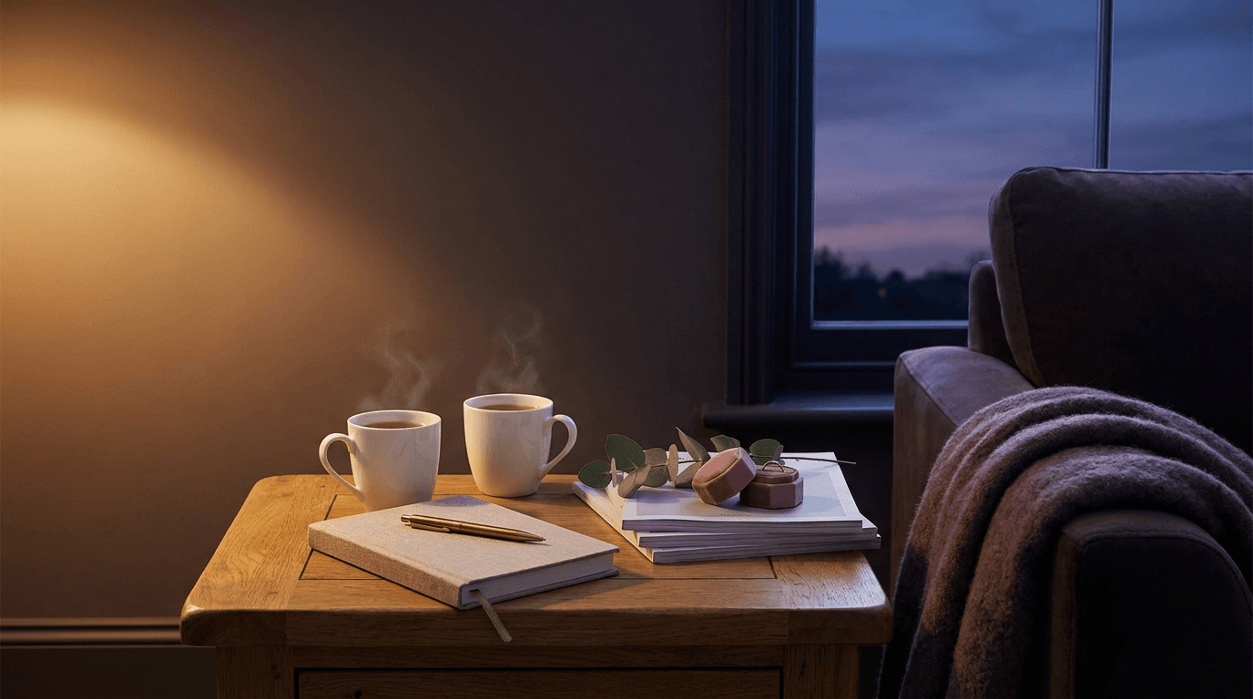 A sofa-side oak table at dusk with two mugs of tea, a closed notebook and brass pen, wedding magazines, a dusty rose velvet ring box and a smoky plum throw in warm lamplight, suggesting a couple planning their venue search late in the evening.