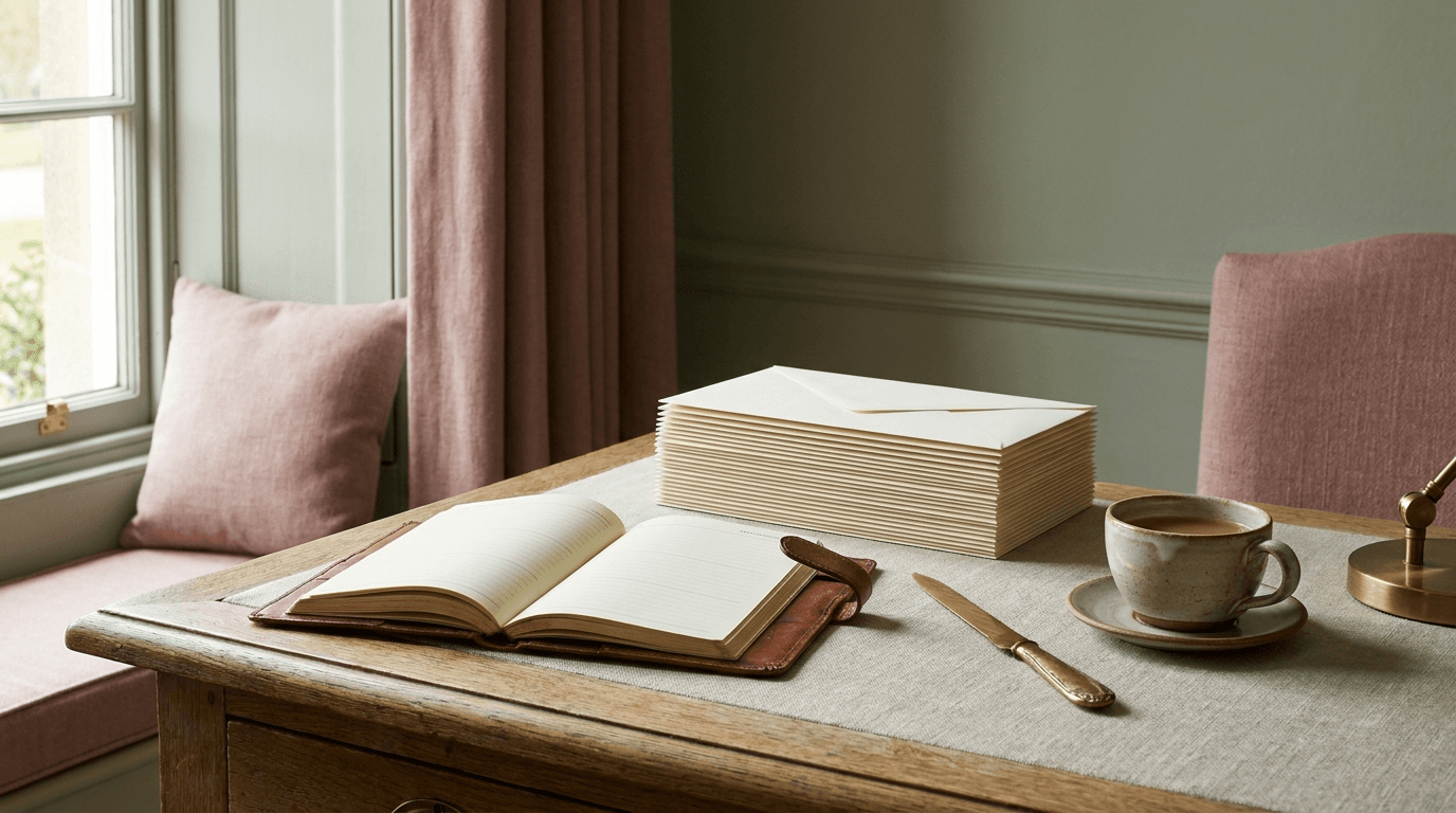 An open leather appointments diary with blank pages on an oak desk beside a stack of unopened cream envelopes in soft window light, suggesting enquiries arriving faster than they are answered.
